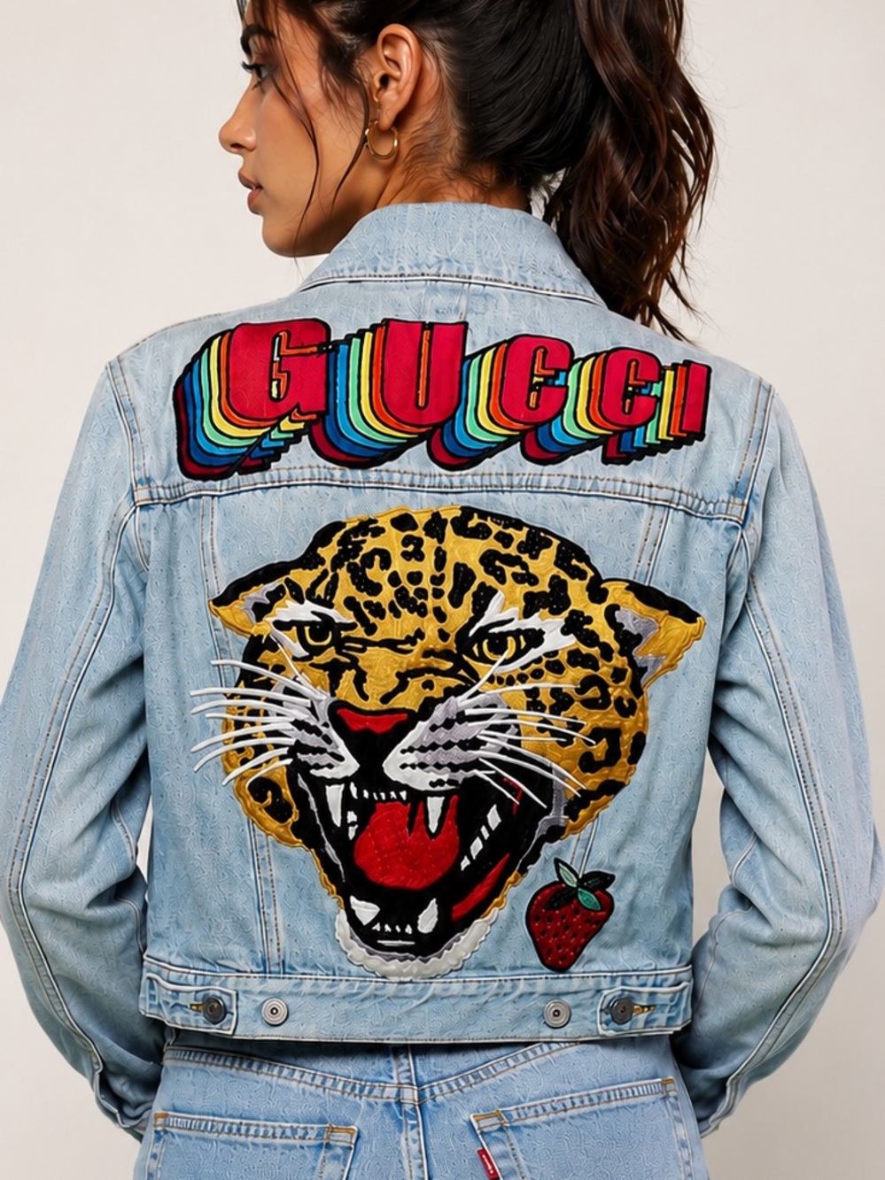 AUTHENTIC Gucci Light Blue Denim Jacket Embroidered Cheetah & Strawberry Size 38